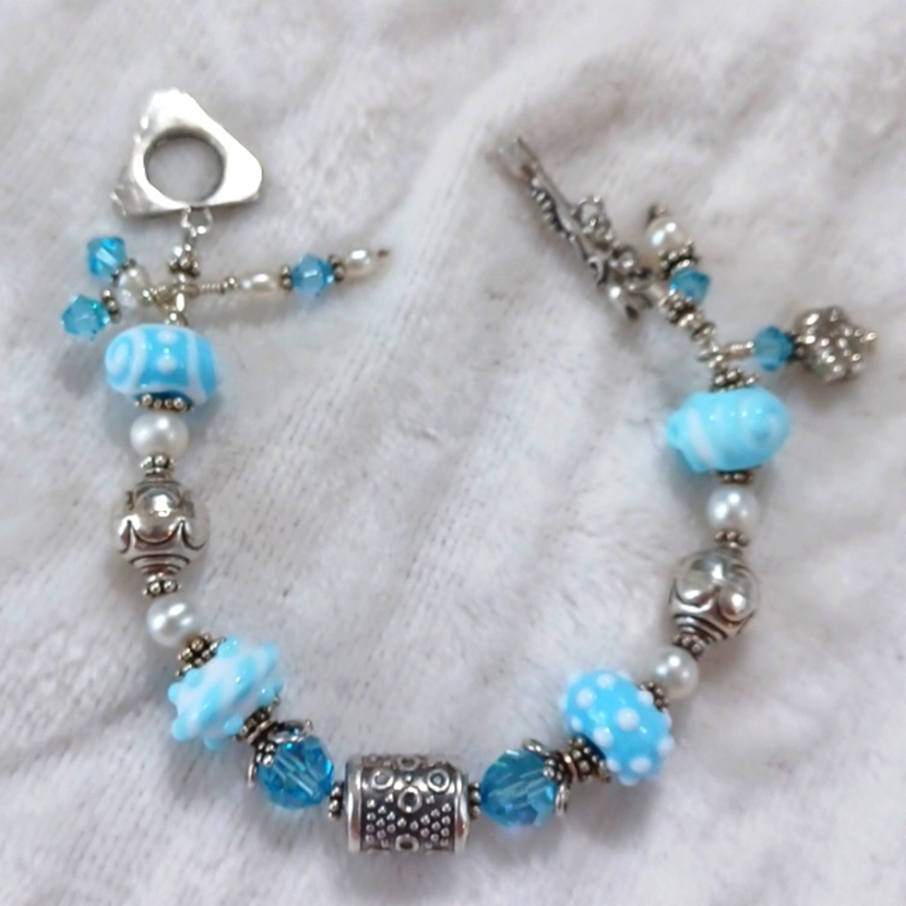 Ivana DiVia Blue Sterling  Silver 925 Beaded Charm Bracelet 8 Inch